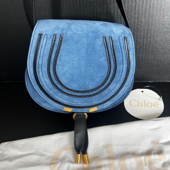 Brand New With Tags Chloe Marcie Cross Body Saddle Blue Suede Bag - Picture 13 of 13
